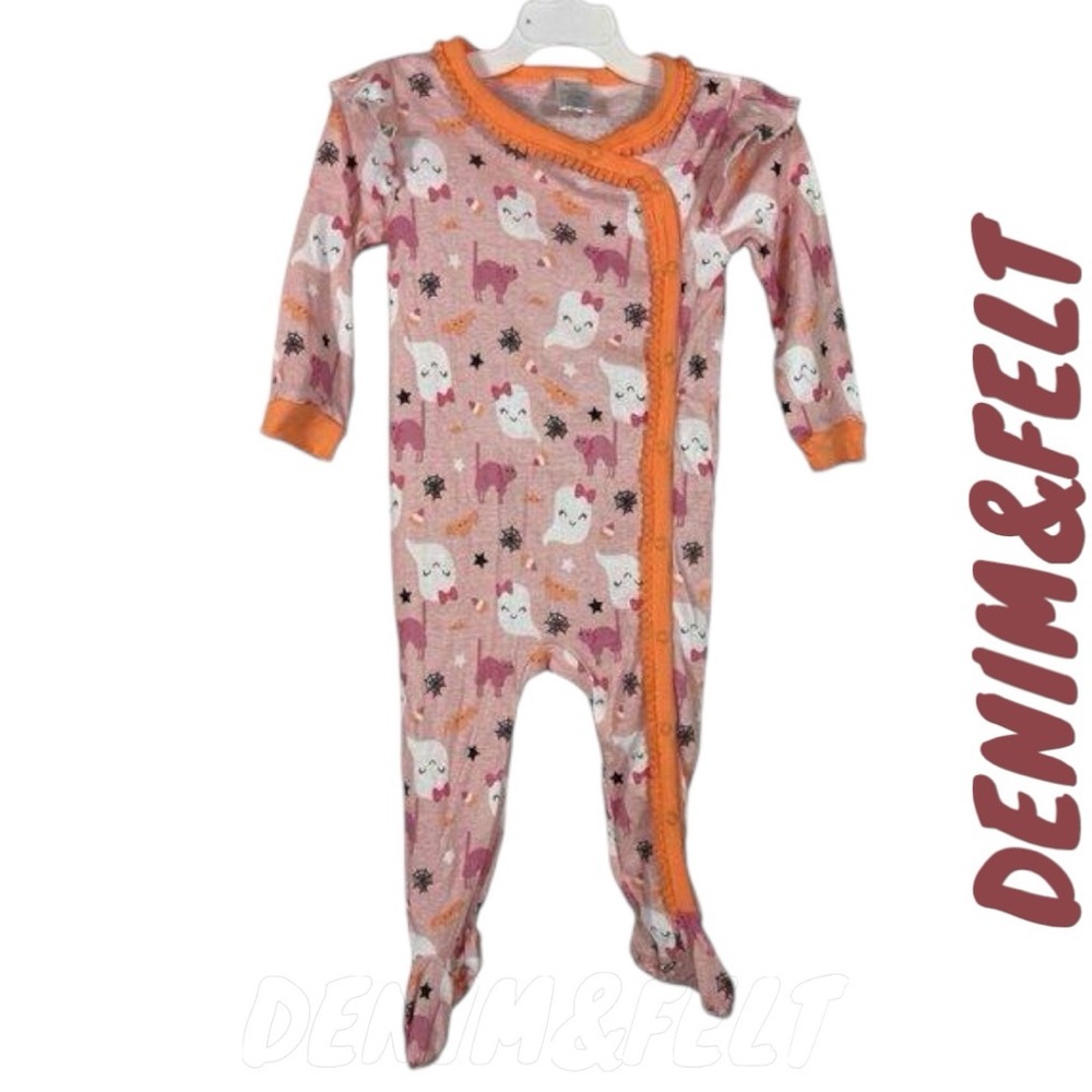 Modern Kids Girls Pink Cat and Ghost Halloween Print Footed Pajamas/PJs | NEW!🎃